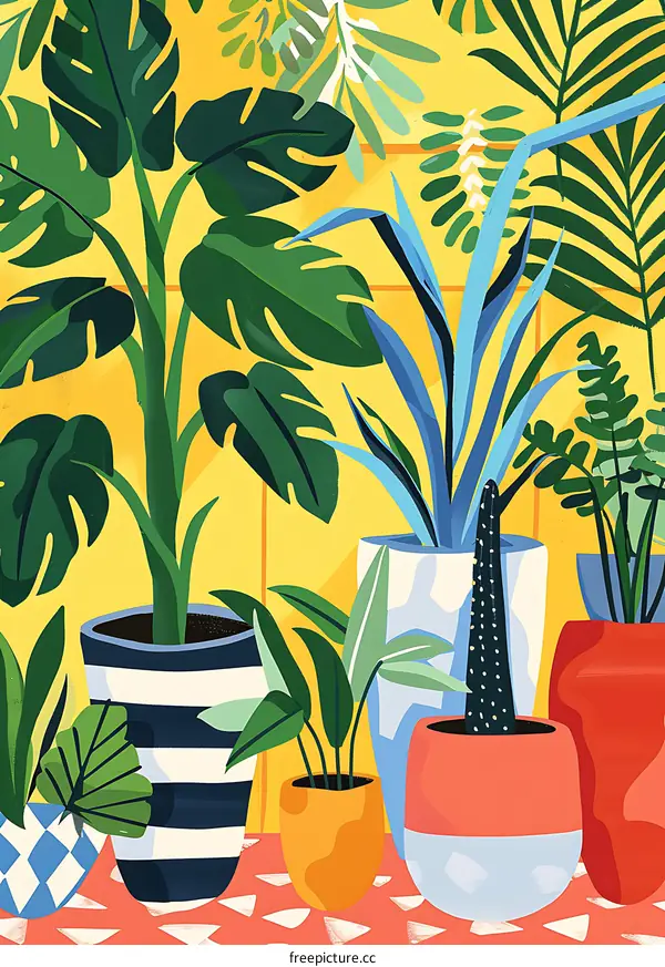 Colorful Illustration of Different Plants in Pots
