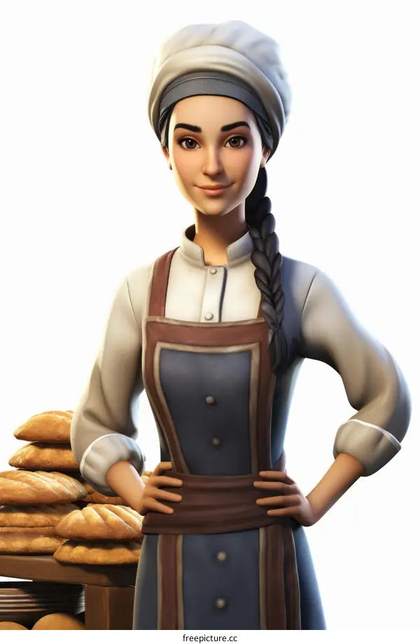 A smiling female baker stands beside a fresh loaf of bread.