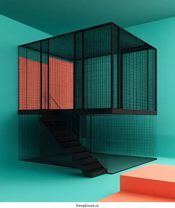 Abstract Minimalist Architecture with Black Cage and Stairs