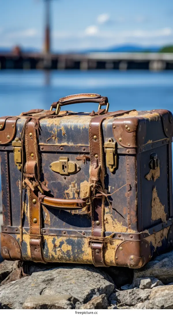 Vintage suitcase on the rocky shore of a body of water