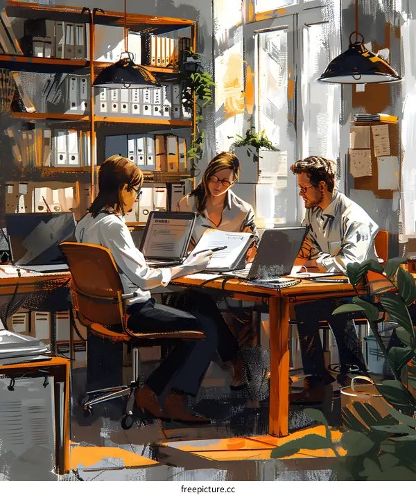 Three business people discussing documents in an office