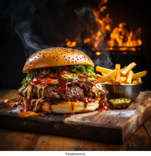 A delicious beef burger with a side of fries