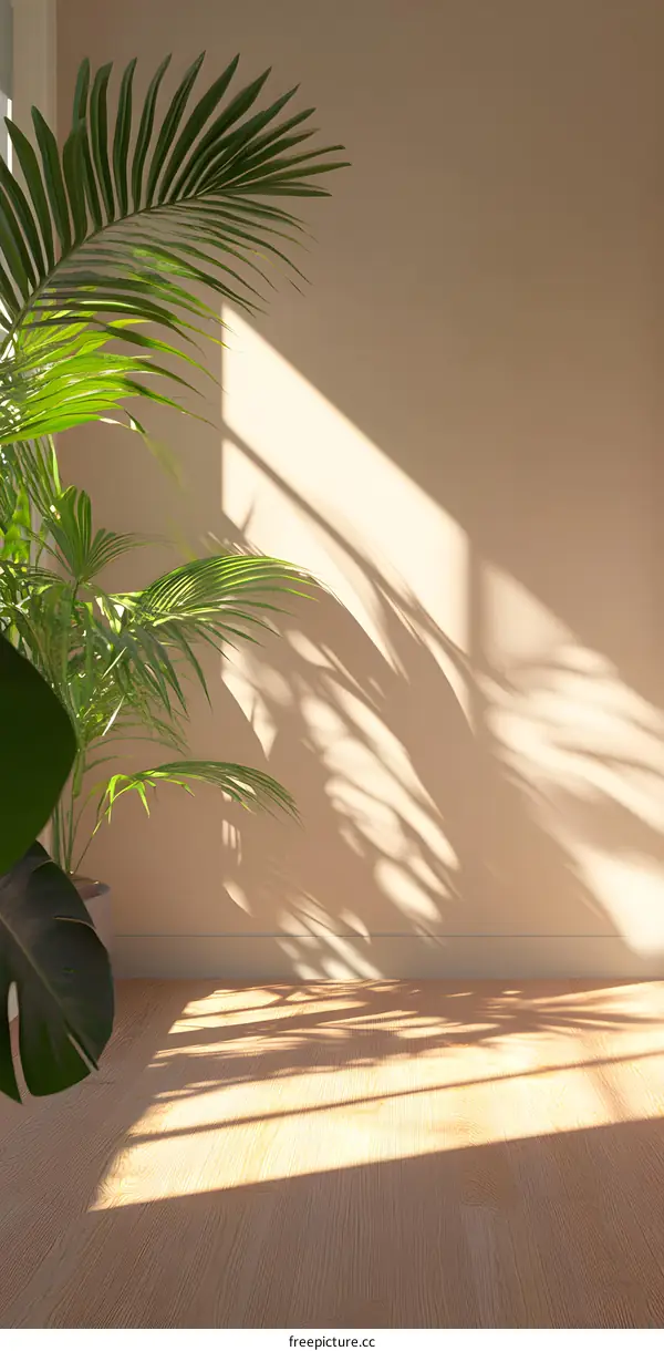 Minimalist Interior Design with Palm Tree and Sunlight