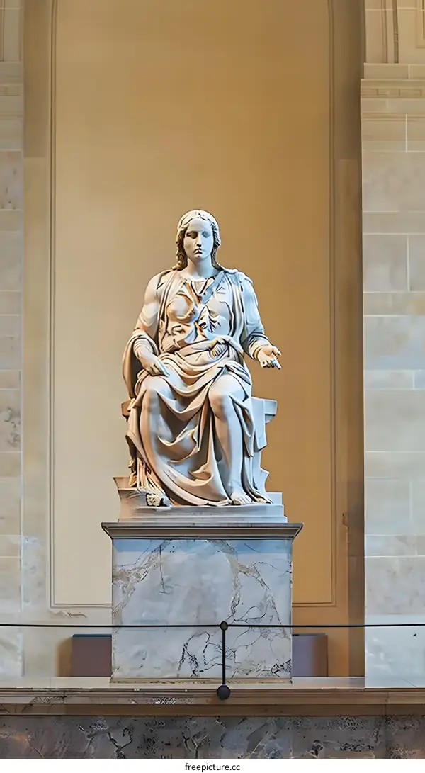 Marble Statue of a Seated Woman in a Museum