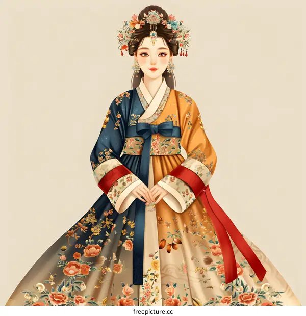 A beautiful illustration of a woman wearing a hanbok, a traditional Korean dress