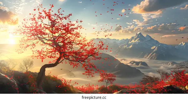 Red Tree Mountain Sunset Landscape Painting