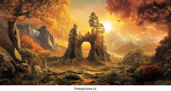 Golden Hour Landscape with Rock Arch and Mountains