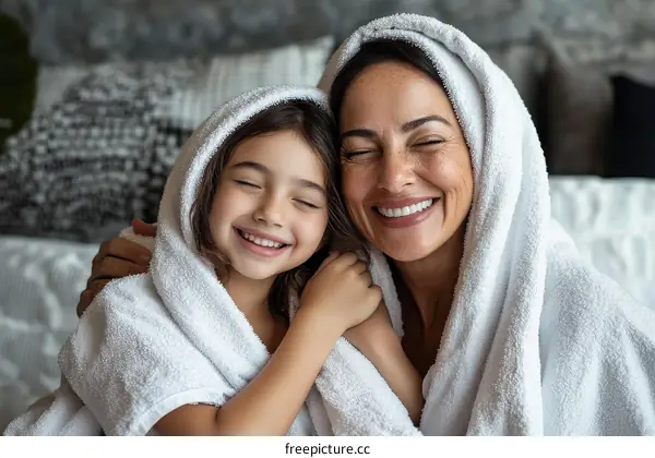 Happy Mother and Daughter in Bathrobes