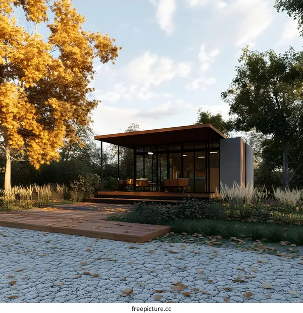 Modern Glass House with a Wooden Deck in Autumn