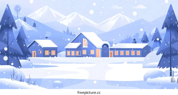 Winter Landscape with Snowy Houses and Mountains
