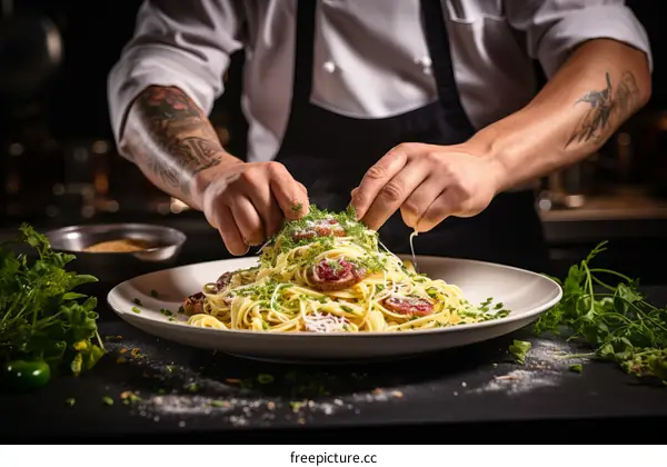 Chef carefully sprinkles parsley over a plate of pasta