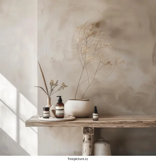 Dried flowers and cosmetic bottles on a wooden table