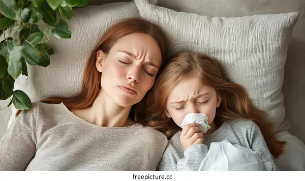 Sick Mother and Daughter Lying in Bed