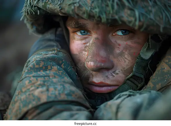 Portrait of a soldier with face paint.