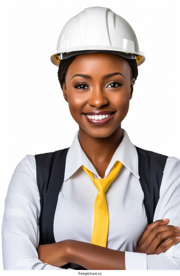 Black woman wearing hard hat smiling