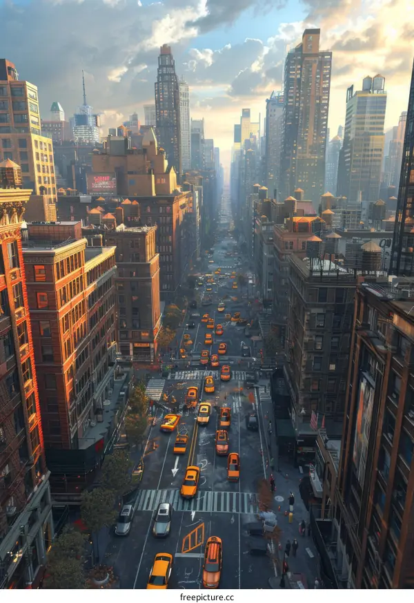 Urban Skyline with City Streets and Yellow Taxis