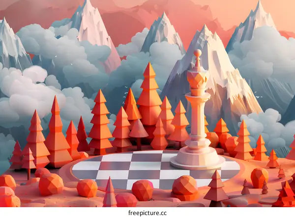 A chess piece stands on a chessboard in a surreal landscape with mountains and clouds.