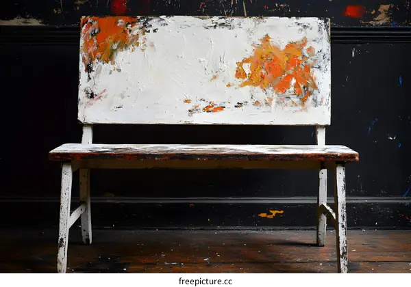 White Wooden Bench With Orange Paint Splatter
