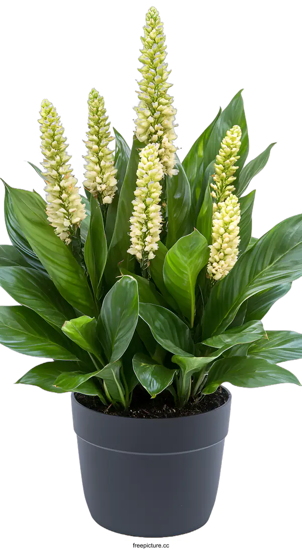 [Transparent Background PNG]Green Spathiphyllum Plant in Black Pot with White Flowers