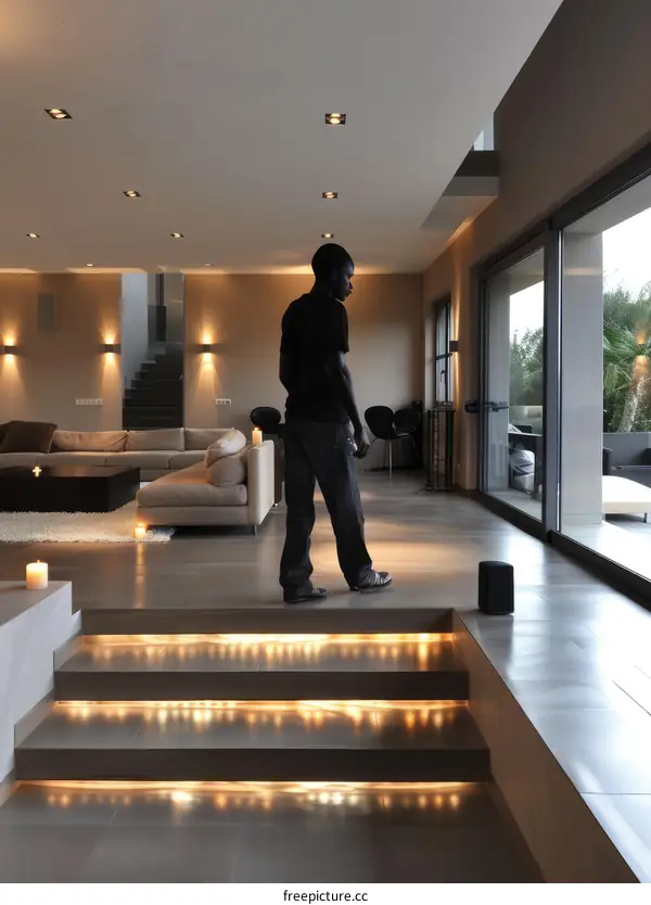 Black man standing in a modern living room