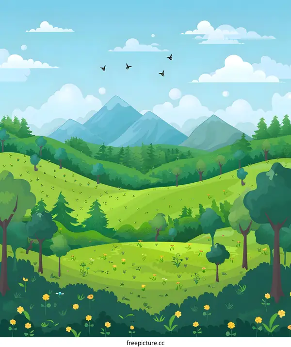Beautiful Green Mountain Landscape Illustration With Blue Sky and Clouds