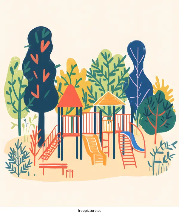 Colorful Illustration of a Playground in a Forest