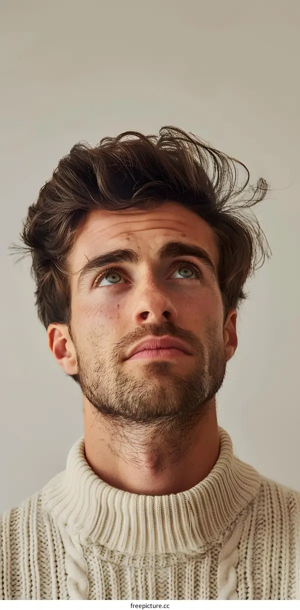 Man with Brown Hair Looking Upwards