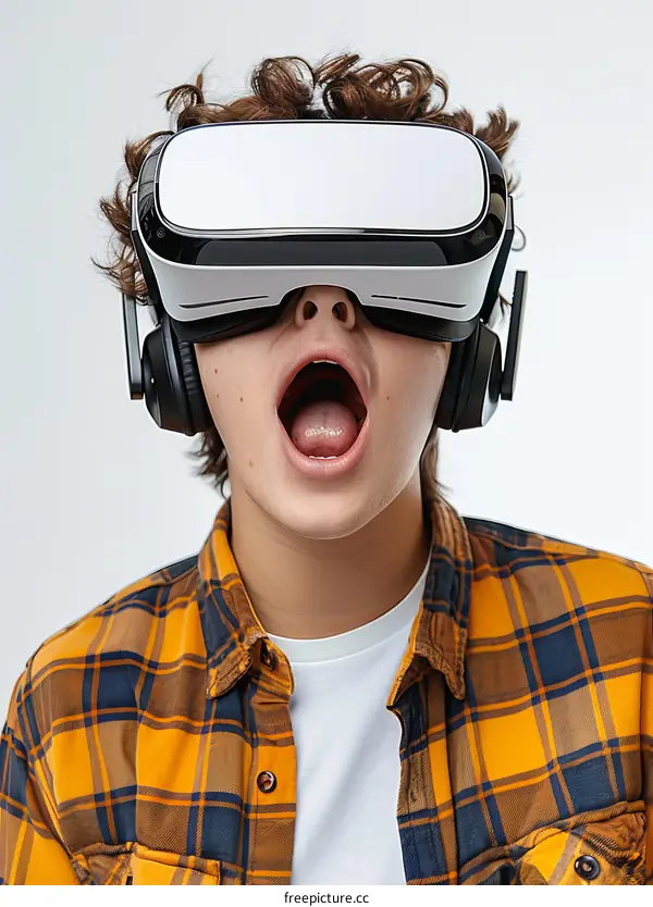 Amazed young male with virtual reality headset