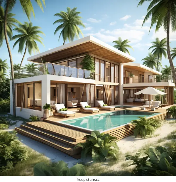 Modern beach house with pool and palm trees