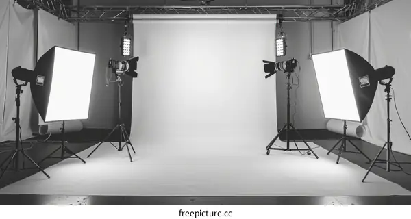 Black and white photo of a photo studio with three lights and two cameras