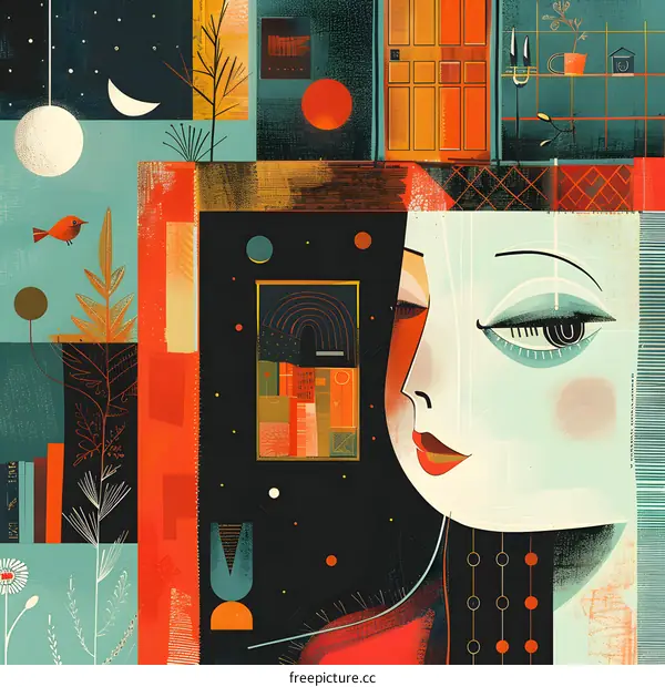 Abstract Collage with Woman Face and Geometric Shapes