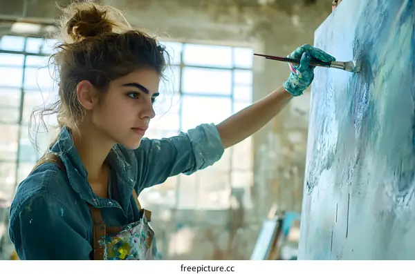 Young Woman Artist Painting In Studio