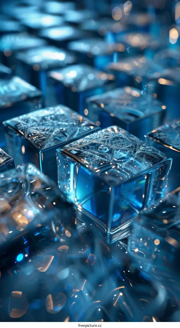 Blue translucent ice cubes with a glowing circuit pattern inside