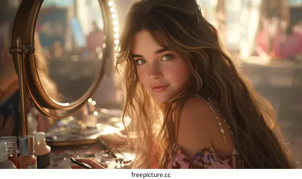 Blonde Woman Sitting at Vanity Mirror Using Phone