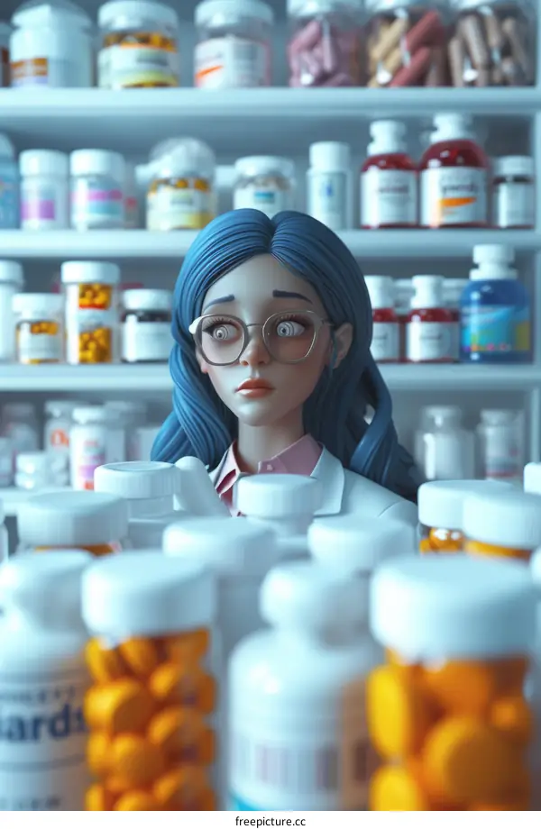 Illustration of a pharmacist looking at a shelf full of medication