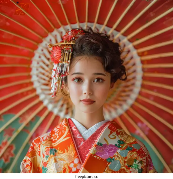 Portrait of a young woman in a kimono with a red umbrella