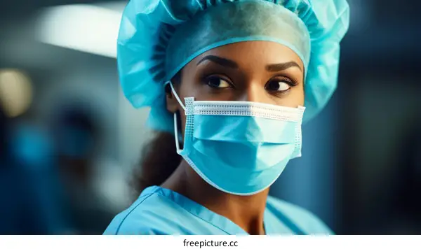 Portrait of a young female surgeon wearing a surgical mask and cap