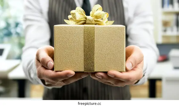 Businessman Presenting a Golden Gift Box