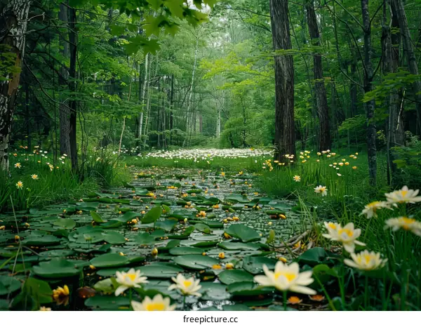 Small river in the middle of a dense forest with white and yellow flowers