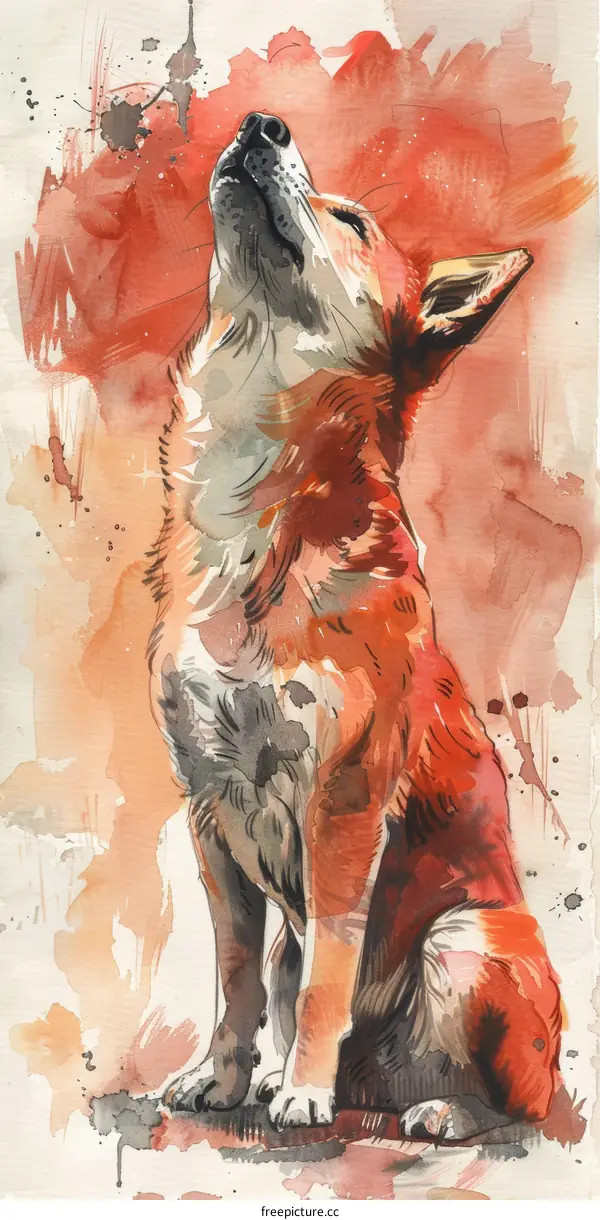 Watercolor painting of a dingo looking up