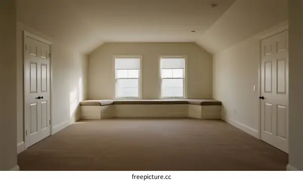 Empty room with two windows and built-in bench for interior design