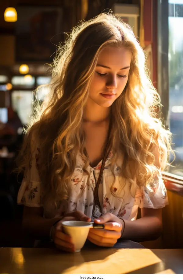 Young woman with long blonde hair sitting in a restaurant looking at her phone
