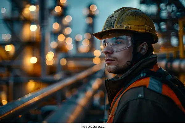 Portrait of a male worker wearing a hard hat and safety glasses at an industrial plant