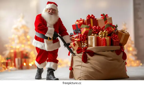 Santa Claus Pushing a Sack Full of Christmas Presents