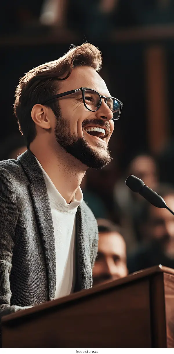 Smiling Man Giving A Speech At A Podium With A Microphone