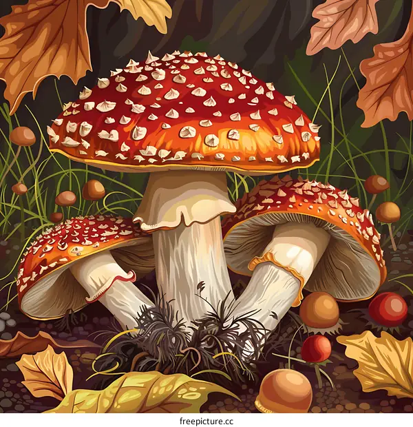 Three Red Mushroom in Autumn Forest