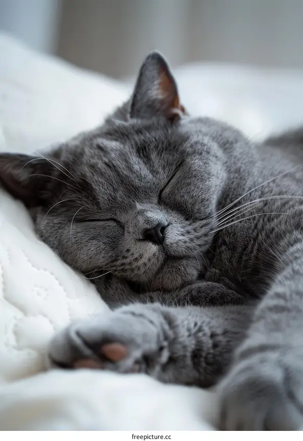 A gray cat is sleeping on a white blanket