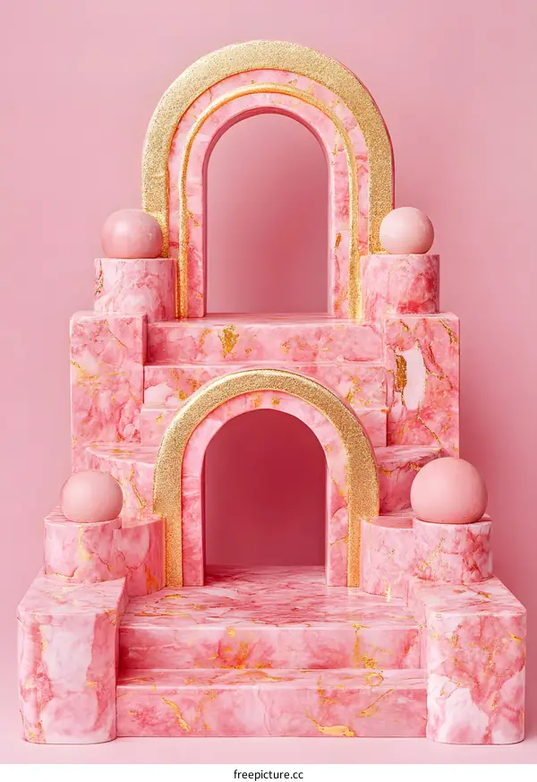 Abstract Pink Marble Archway with Golden Accents