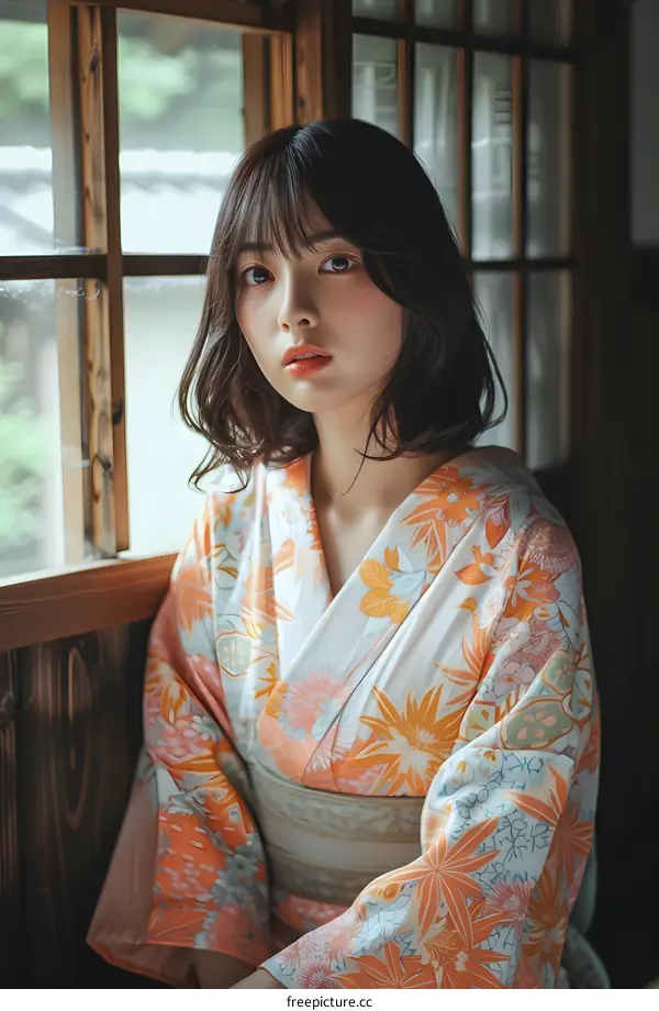 Japanese Woman in Traditional Kimono Dress