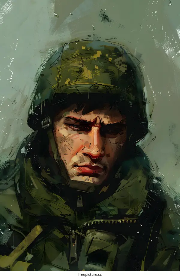 Portrait of a soldier wearing a green helmet